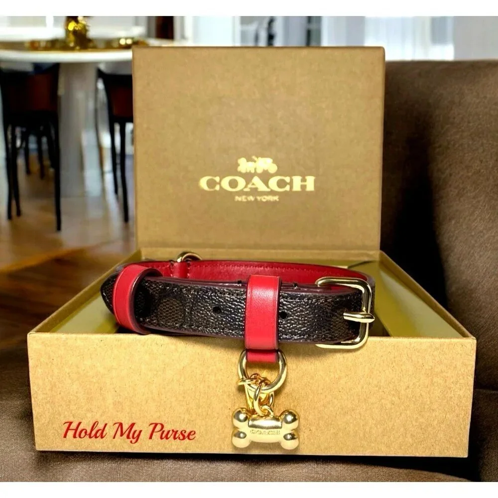Coach Dog Collar + AirTag Brown Red Small Signature C w/ Apple Tag Tracker - Picture 1 of 11